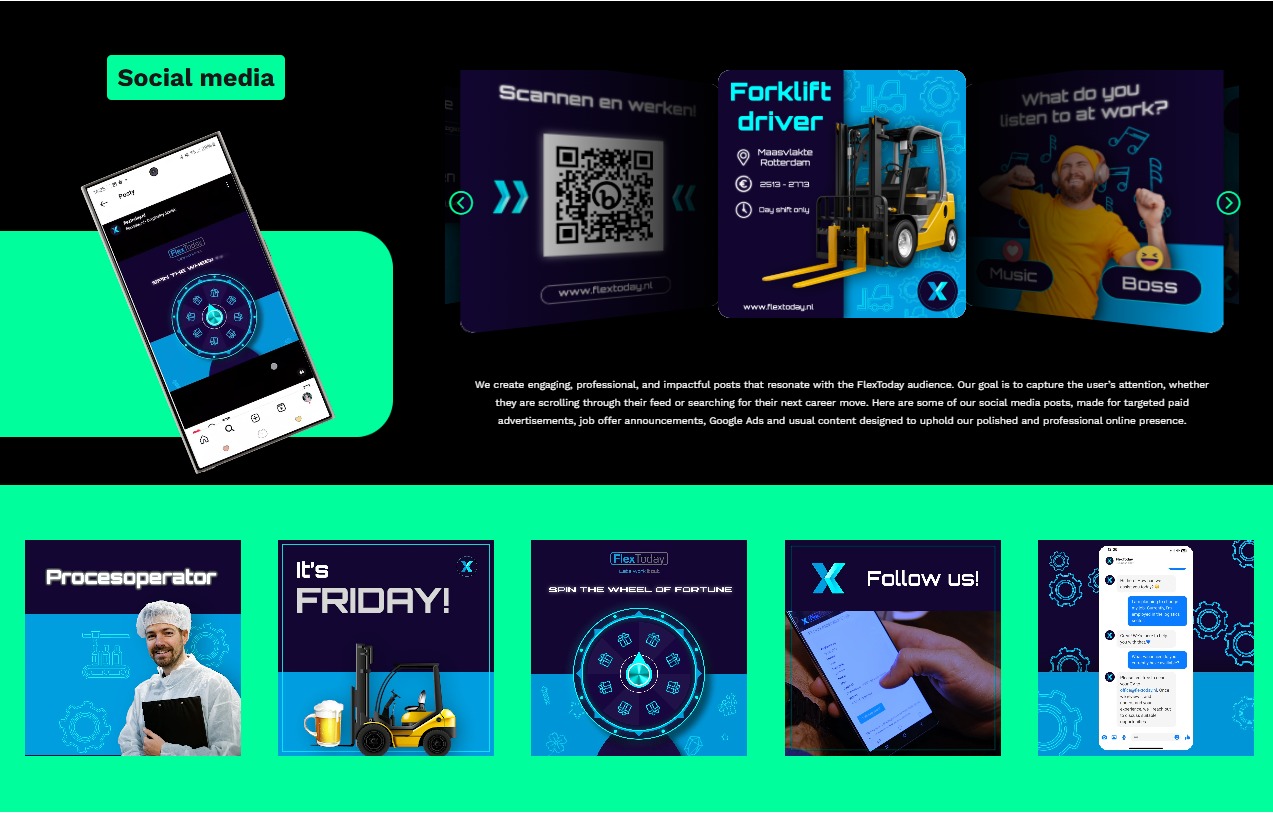 Zestawienie grafik reklamowych dla mediów społecznościowych, prezentujących m.in. oferty pracy dla operatora procesu, kierowcy wózka widłowego oraz zachęcających do interakcji z marką FlexToday.