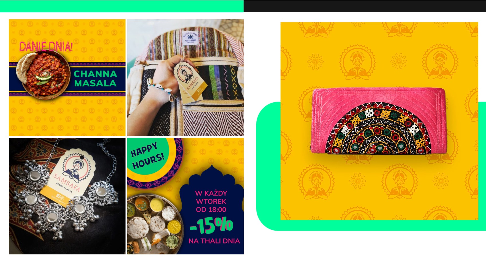Kolaż zdjęć produktów z Indii: danie dnia Channa Masala, plecak z konopi, srebrna biżuteria i portfel na żółtym tle z motywem hinduskim.