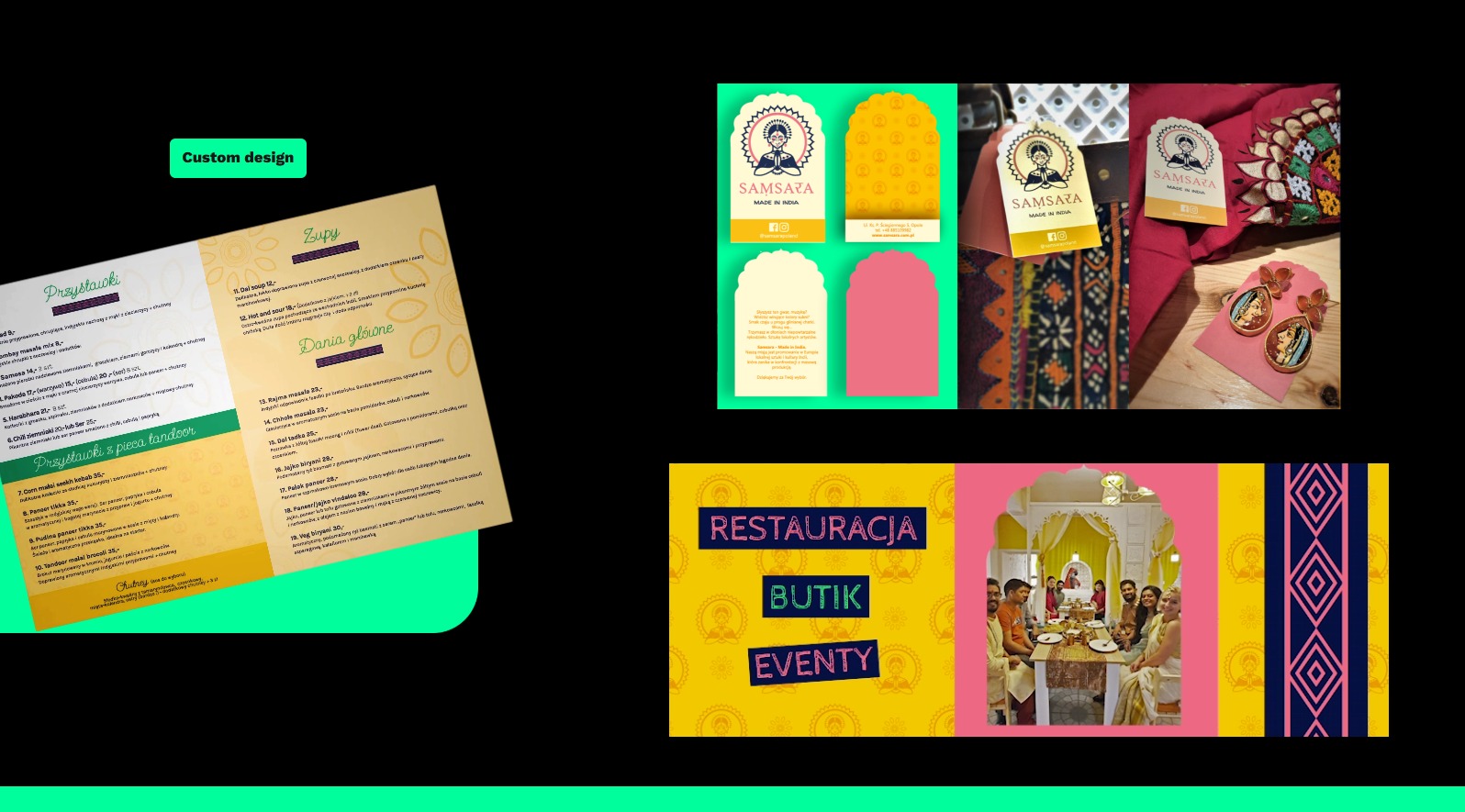 Kompozycja graficzna prezentująca ofertę firmy: menu restauracji z potrawami kuchni indyjskiej, wizytówki z logo, metki odzieżowe z logo, oraz zdjęcie zorganizowanego wydarzenia z klientami...