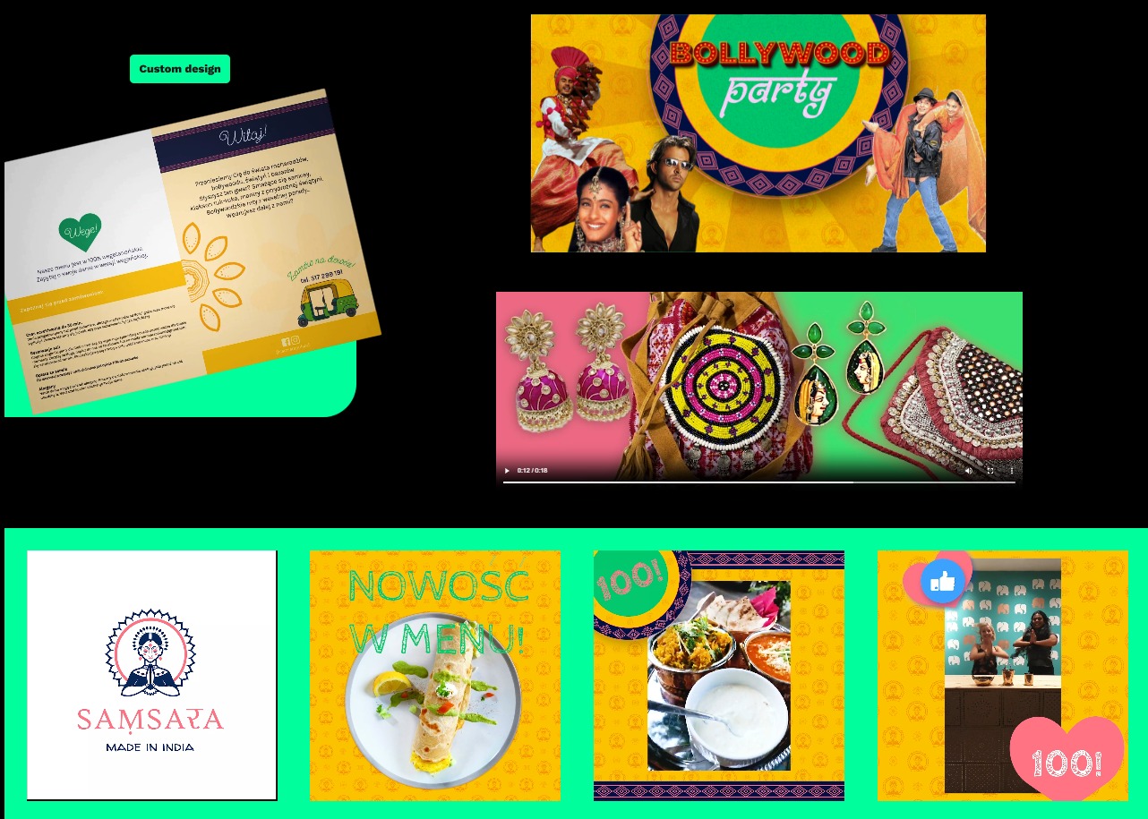 Kompozycja kolażu reklamowego z motywami indyjskimi, zawierająca wizytówkę z logo wegańskiej restauracji, zaproszenie na imprezę Bollywood, zdjęcia biżuterii i torebek oraz potrawy z menu.