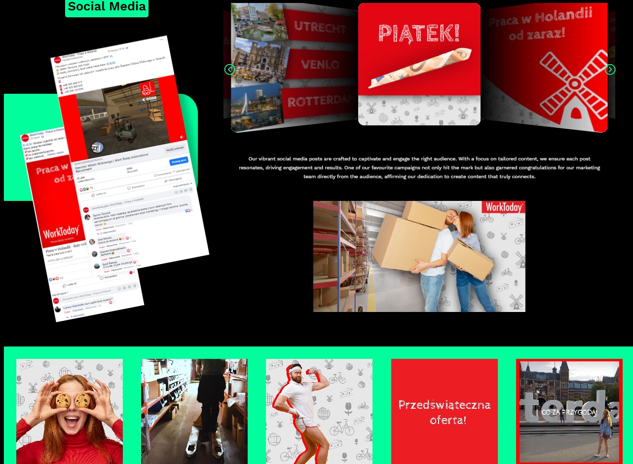 Kompozycja kolażu z grafikami i zdjęciami, w tym posty z Facebooka, promocje z Holandii, pary trzymającej paczki w magazynie, kobiety z ciasteczkami na oczach, mężczyzny w bieliźnie sportowej...