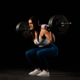 Kobieta w sportowym stroju wykonuje przysiad ze sztangą na plecach w siłowni na czarnym tle, widok z boku.
