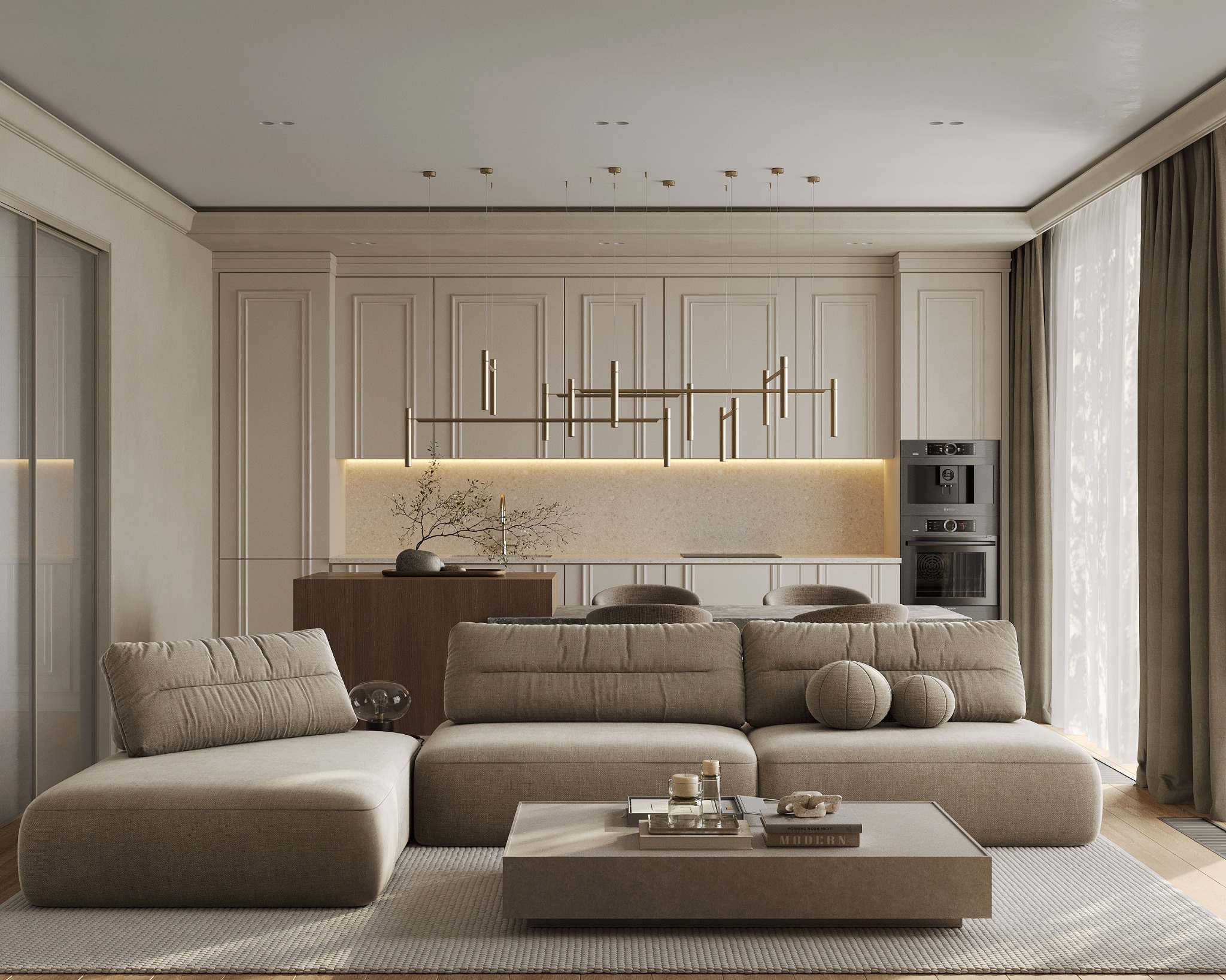 Beżowe wnętrze salonu z aneksem kuchennym, minimalistyczny design z sofą modułową, geometryczną lampą i dekoracyjnym drzewkiem bonsai.