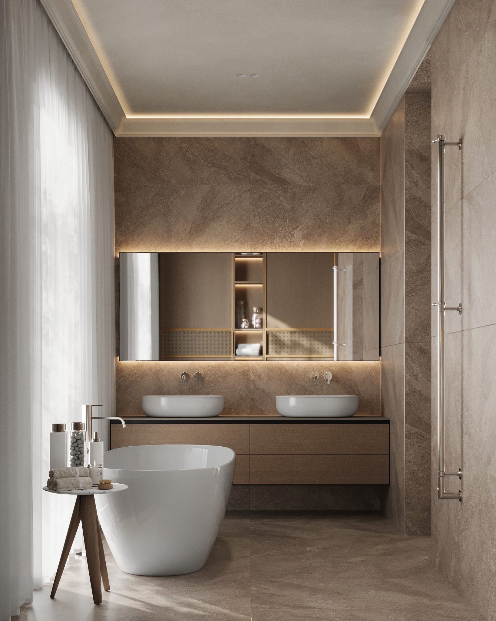 Nowoczesna łazienka w odcieniach beżu i brązu z wolnostojącą wanną, podświetlanym lustrem nad umywalkami i grzejnikiem drabinkowym.
