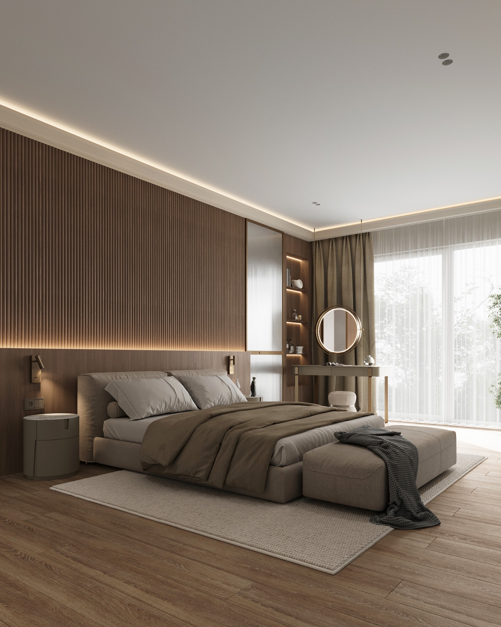 Nowoczesna sypialnia z drewnianą ścianą z pionowymi panelami, podświetleniem LED, łóżkiem z beżową ramą i brązową narzutą, toaletką z okrągłym lustrem z podświetleniem oraz dużym oknem z jasnymi...