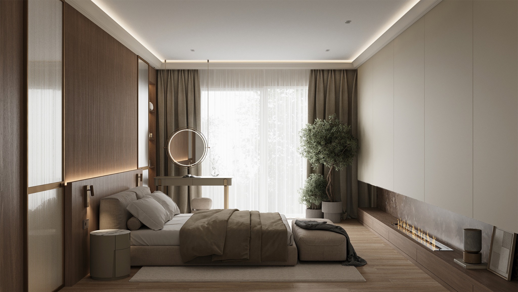 Elegancka sypialnia w stonowanych beżach i brązach z dekoracyjnym kominkiem, toaletką z okrągłym lustrem i roślinami doniczkowymi.