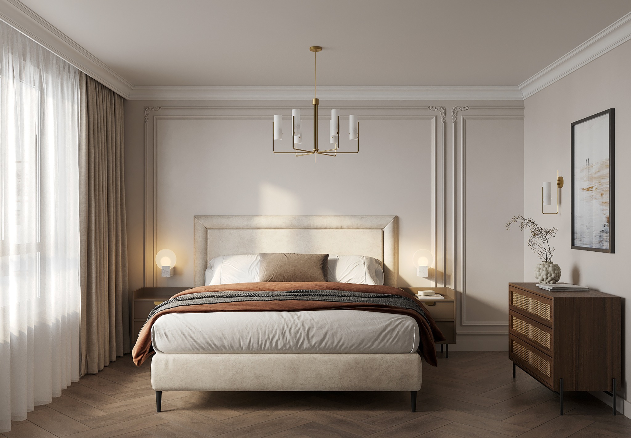 Elegancka sypialnia w neutralnych barwach z drewnianą podłogą w jodełkę, beżowe łóżko z tapicerowanym zagłówkiem, nowoczesna lampa wisząca i minimalistyczne szafki nocne z okrągłymi lampkami.