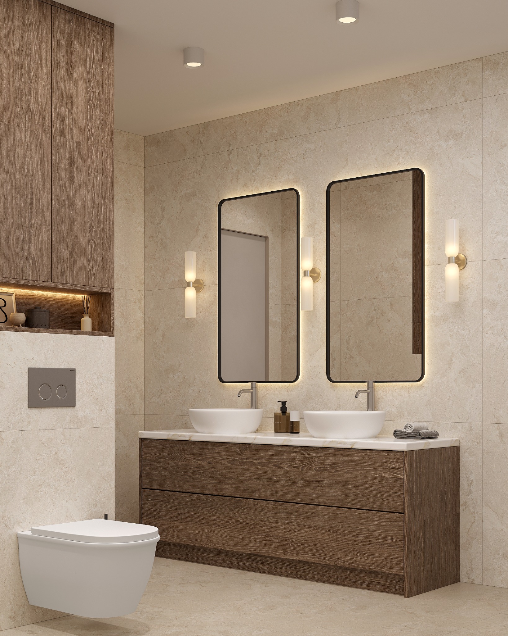 Nowoczesna łazienka z dwoma umywalkami nablatowymi, podświetlanymi lustrami w czarnych ramach, drewnianą szafką pod umywalkami oraz wiszącą toaletą w jasnej tonacji.