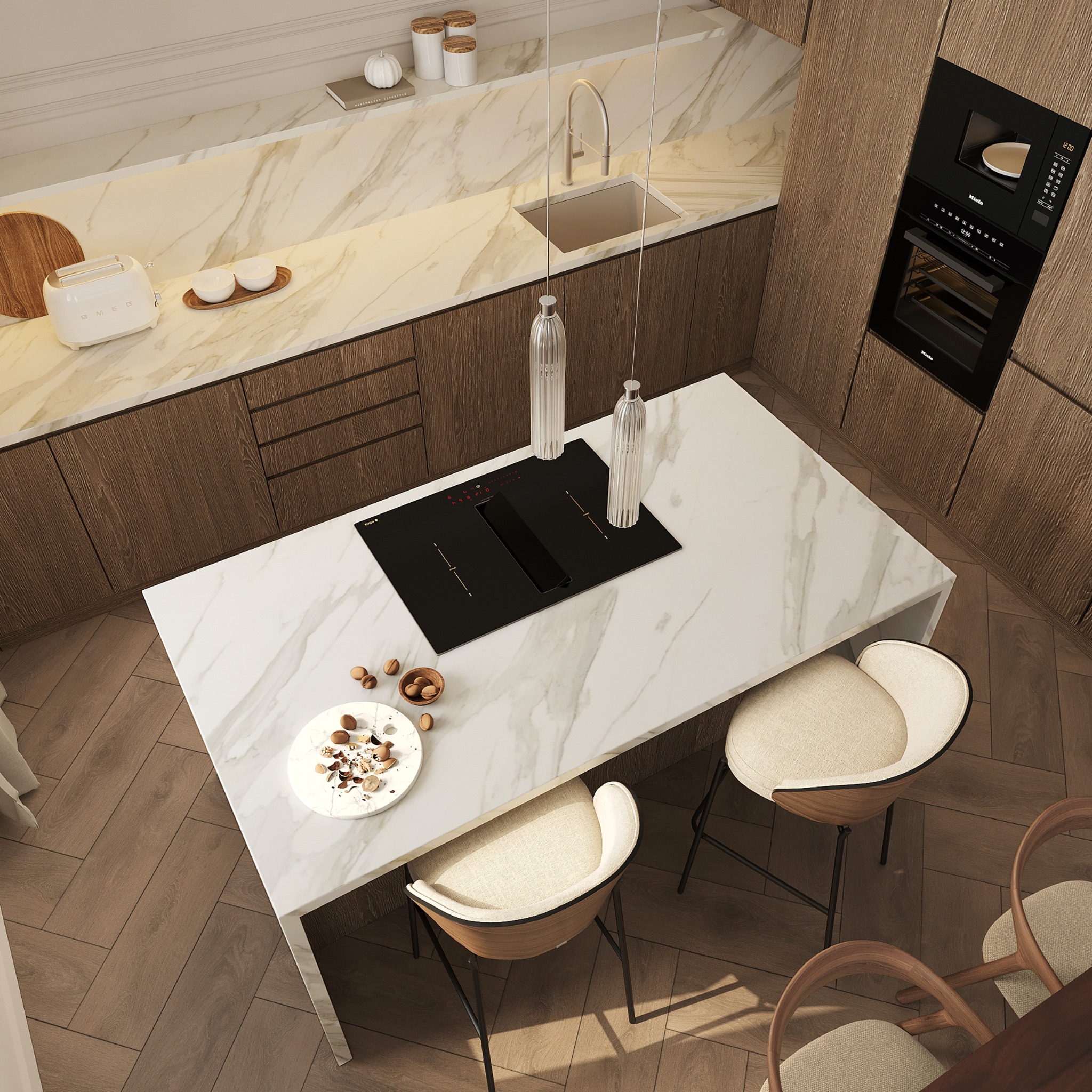 Widok z góry na nowoczesną kuchnię z wyspą o marmurowym blacie, płytą indukcyjną Elica i wiszącymi lampami, drewniane szafki, piekarnik Miele, toster Smeg i drewnianą podłogę ułożoną w jodełkę.