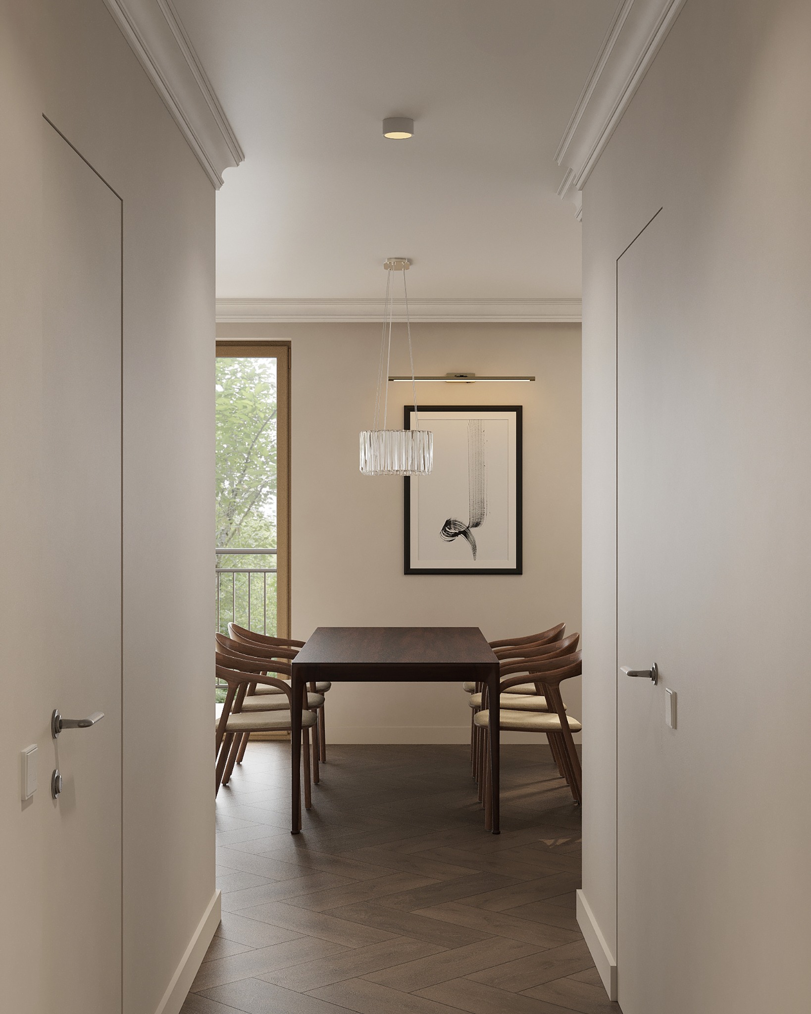 Jadalnia z ciemnym stołem i drewnianymi krzesłami, parkiet w jodełkę, widok przez drzwi, minimalistyczny żyrandol z kryształkami.