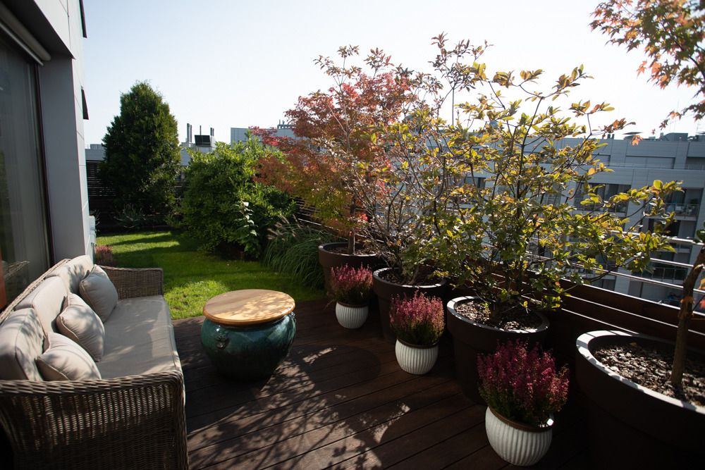 Umeblowany taras z drewnianą podłogą, wiklinową sofą z poduszkami, ceramicznym stolikiem z drewnianym blatem oraz roślinami w donicach, w tle widok na budynki mieszkalne.