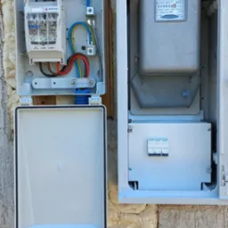 Otwarta skrzynka elektryczna z bezpiecznikami i licznikiem, zabezpieczona pianką montażową na elewacji budynku.