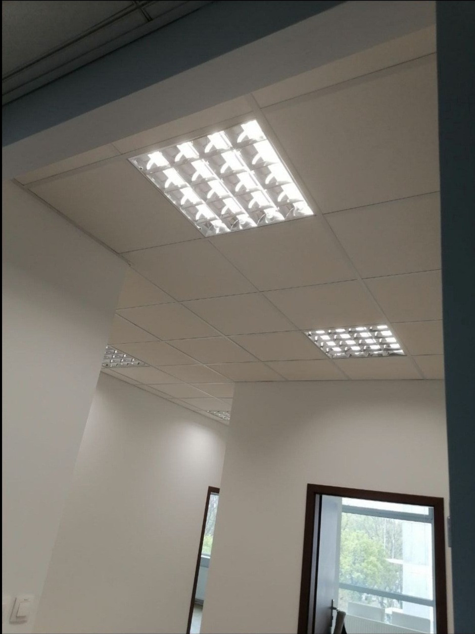 Sufit podwieszany z rastrowymi oprawami oświetleniowymi w biurze, widok z dołu, białe ściany i ciemne ramy drzwi w tle.