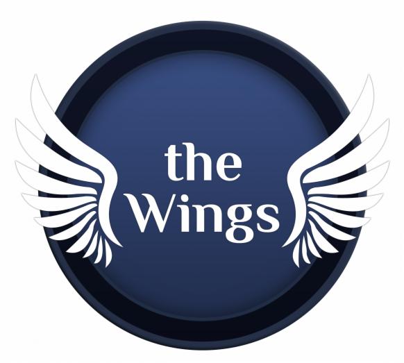 Graficzne logo firmy w kształcie ciemnoniebieskiego okręgu z białymi skrzydłami po bokach i napisem 'the Wings' pośrodku.