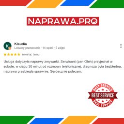 NAPRAWA.PRO – Mobilny Serwis AGD - RENK Sp.z o.o. - Zrzut ekranu pozytywnej recenzji online dla serwisu naprawczego AGD, z pięcioma gwiazdkami i pochlebnym komentarzem o szybkiej naprawie zmywarki.