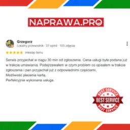 Recenzja klienta Grzegorza z oceną pięciogwiazdkową, opisująca szybki i profesjonalny serwis naprawczy, z logiem Naprawa.pro w górnej części i znakiem jakości Best Service na dole.