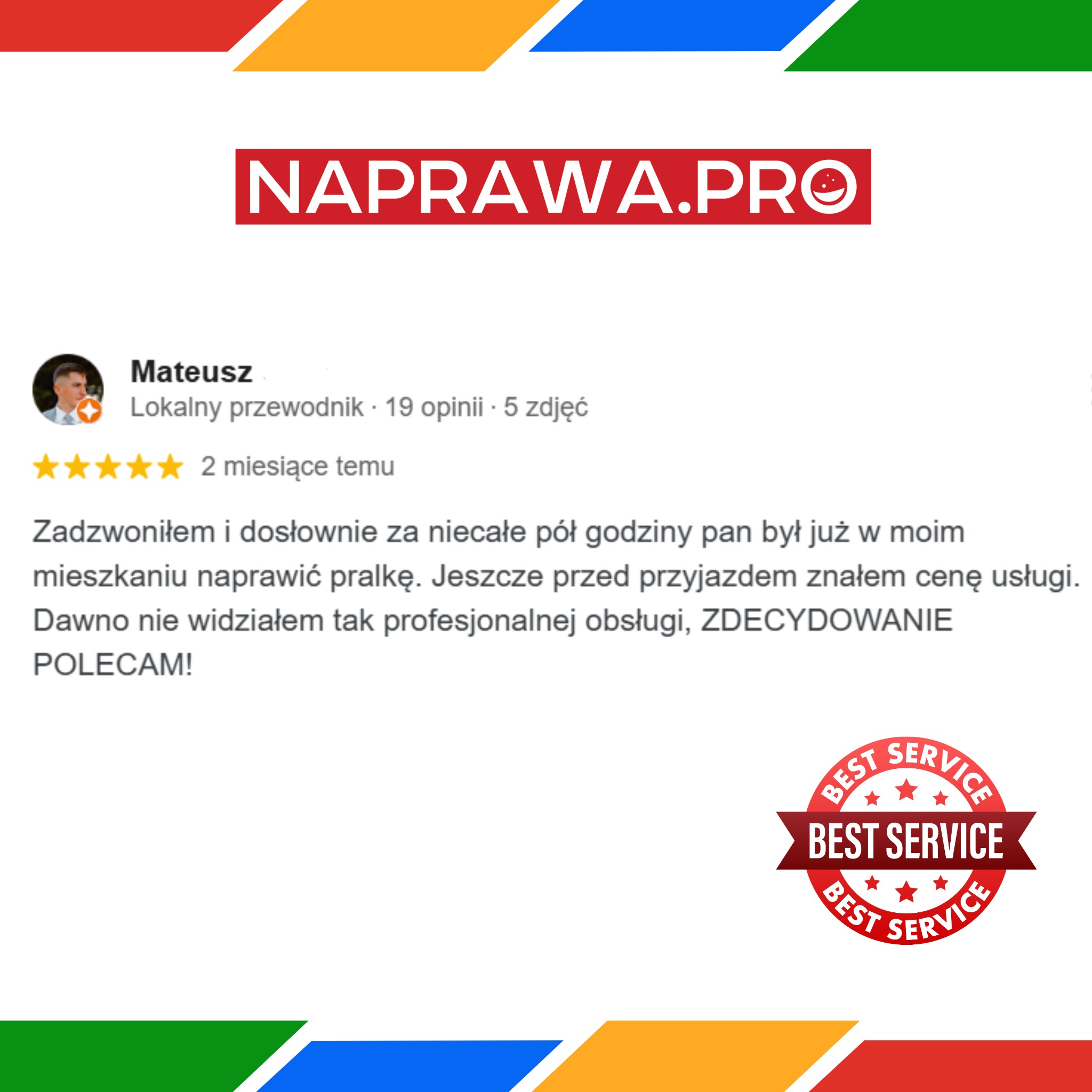 Zrzut ekranu z pozytywną opinią klienta o usłudze, z imieniem i nazwiskiem recenzenta, liczbą opinii, oceną w postaci pięciu gwiazdek, treścią recenzji wspominającą szybką interwencję i znajomość...