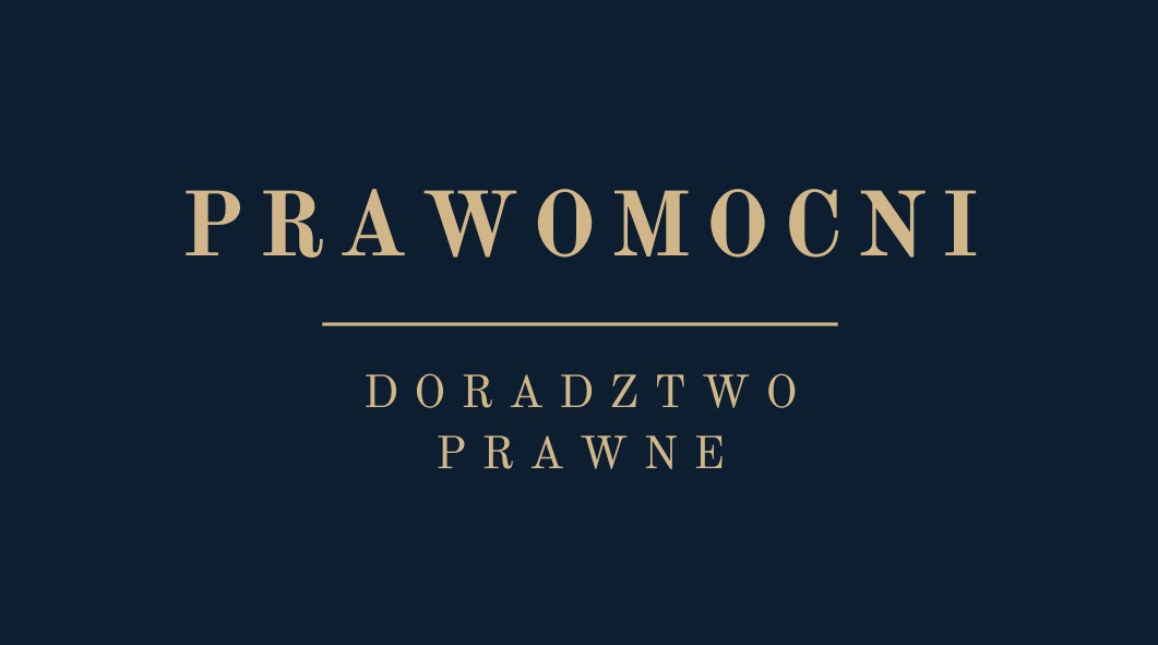 Eleganckie logo firmy prawniczej z napisem 'PRAWOMOCNI' i 'DORADZTWO PRAWNE' w kolorze złotym na granatowym tle.