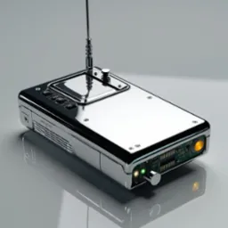 Chromowany detektor z anteną, widoczne diody i obwody elektroniczne