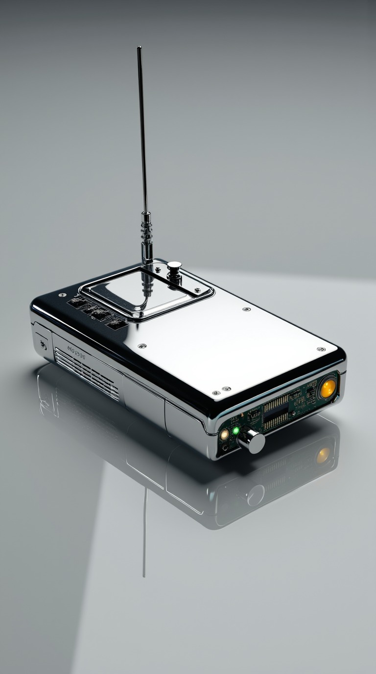 Chromowany detektor z anteną, widoczne diody i obwody elektroniczne