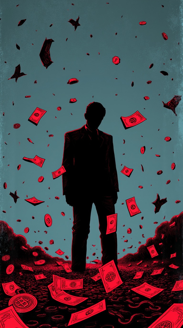 Stylizowana grafika przedstawiająca sylwetkę mężczyzny w garniturze otoczonego spadającymi czerwonymi banknotami i monetami na tle turkusowego nieba.