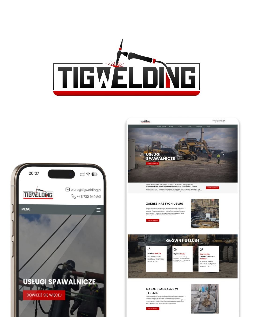 Responsywna strona TIGWELDING na smartfonie i laptopie. Nowoczesny design, Next.js, TypeScript, Tailwind CSS. Usługi spawalnicze, logo firmy w tle.
