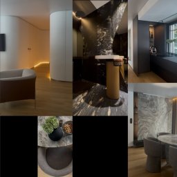 Magdalena Witczyk - Wnętrza apartamentu: salon z krzesłem, łazienka z umywalką na postumencie, kuchnia z oknem i jadalnia z okrągłym stołem na tle marmurowej ściany i drewnianej podłogi.