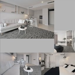 Magdalena Witczyk - Nowoczesne wnętrze mieszkania w monochromatycznej tonacji: salon z aneksem kuchennym i sypialnia, połączone wzorem dywanu. Minimalistyczny design, jasne kolory.