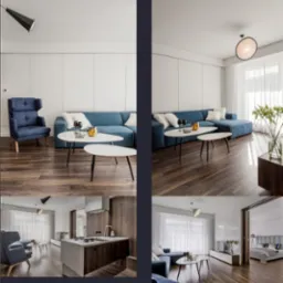 Nowoczesne wnętrze: błękitna sofa, drewniana podłoga, białe ściany i stoliki kawowe. Widok na salon z aneksem kuchennym i sypialnią. Oświetlenie punktowe.