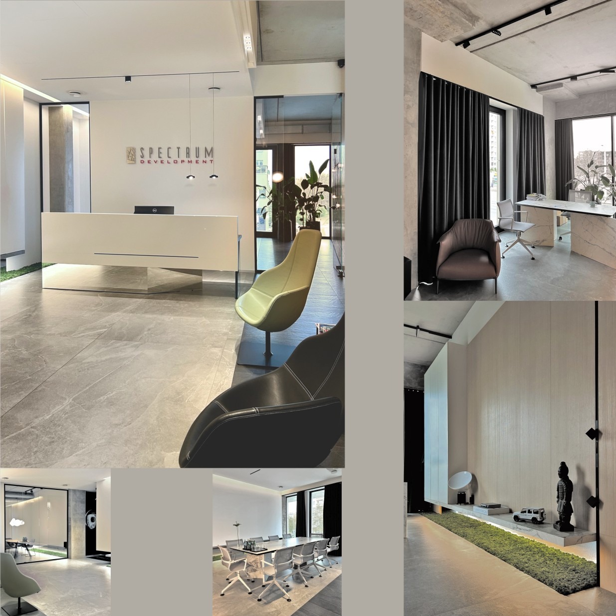 Nowoczesne wnętrze biura: minimalistyczna recepcja z logo, strefa relaksu z fotelami, sala konferencyjna i dekoracje z mchu. Jasne, przestronne pomieszczenie.