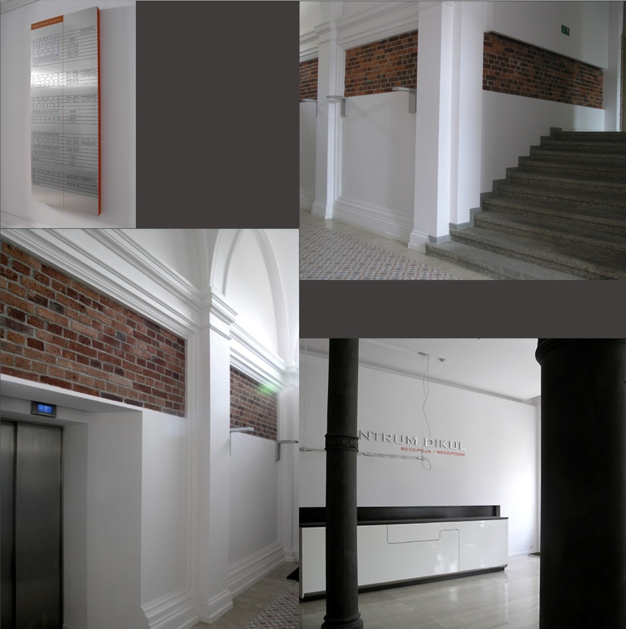 Klatka schodowa w biurowcu: białe ściany, ceglane akcenty, kolumny, recepcja z napisem 'Centrum Dikul', schody z szarego kamienia, tablica informacyjna.