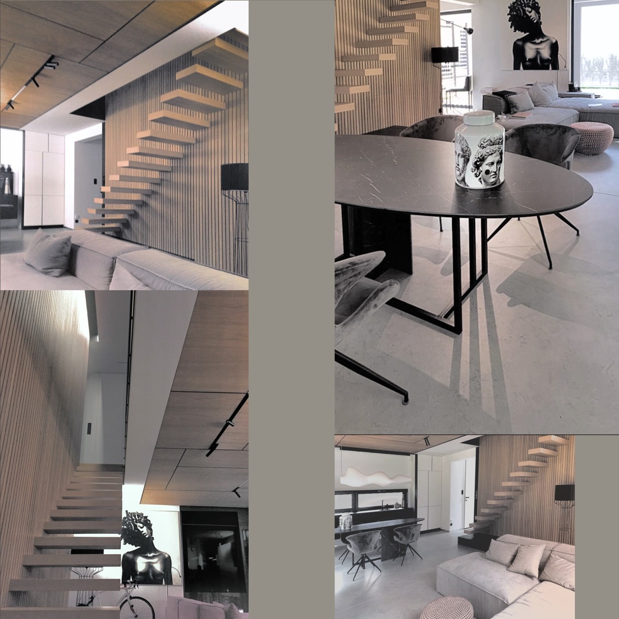 Nowoczesne wnętrze z drewnianymi schodami, marmurowym stołem i minimalistycznym wystrojem. W tle widoczna sofa i grafika na ścianie, tworzące spójną aranżację.