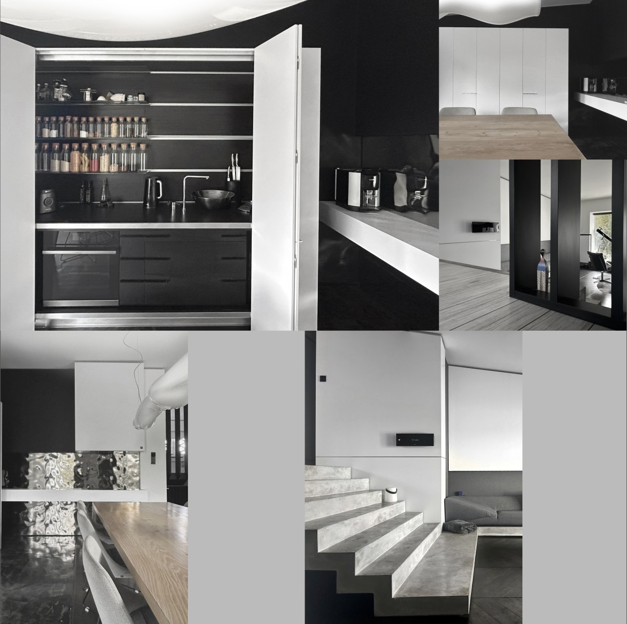 Kompilacja zdjęć wnętrz w stylu minimalistycznym: kuchnia z otwartymi szafkami, schody betonowe, stół z krzesłami, czarno-białe akcenty, nowoczesny design.