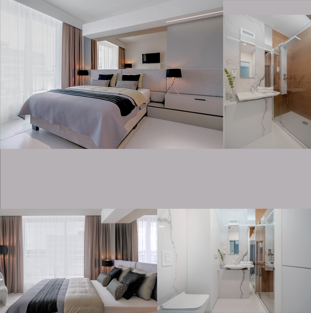 Nowoczesna sypialnia z łazienką w neutralnej kolorystyce. Widoczne duże okno z zasłonami, łóżko z dekoracyjnymi poduszkami oraz kabina prysznicowa.