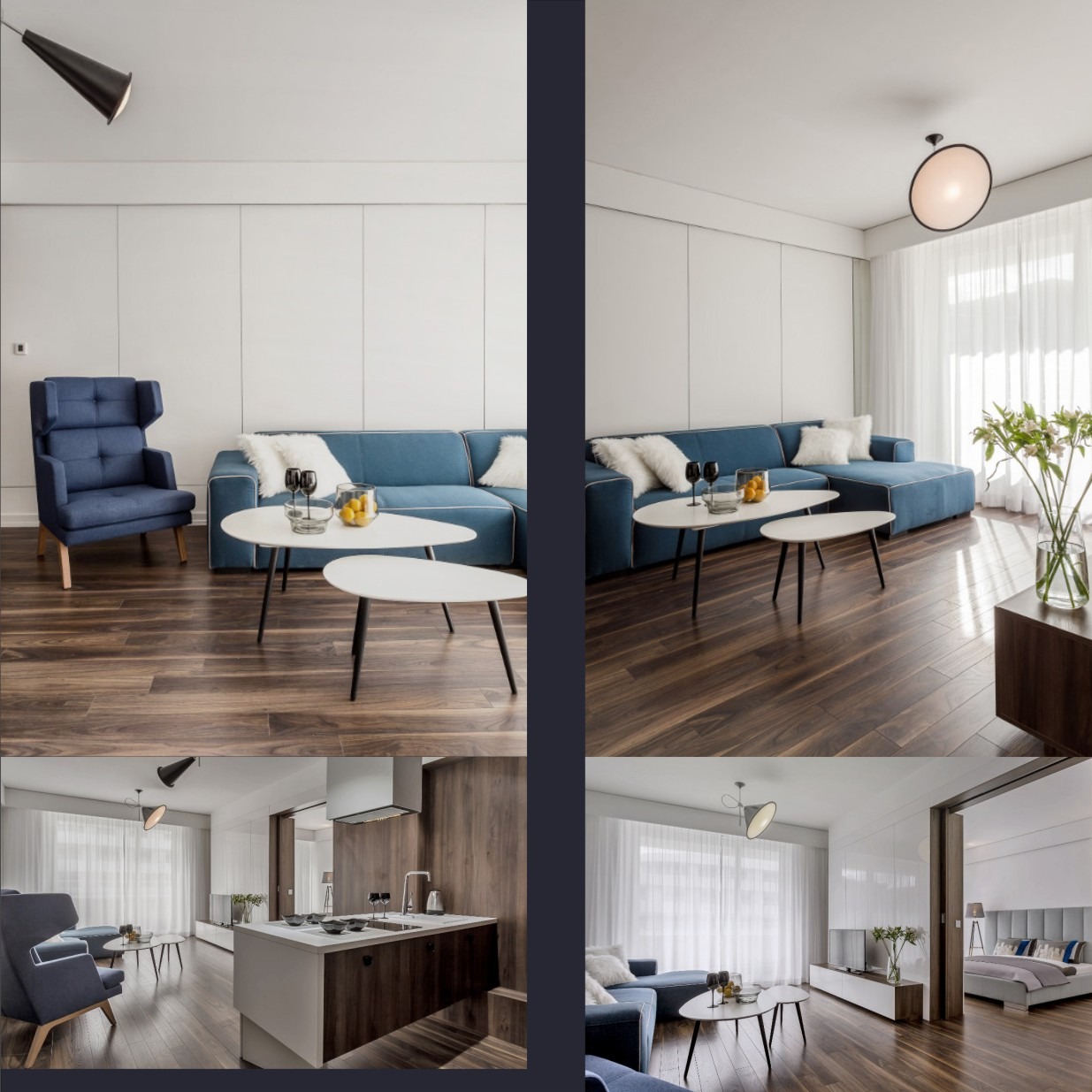 Nowoczesne wnętrze: błękitna sofa, drewniana podłoga, białe ściany i stoliki kawowe. Widok na salon z aneksem kuchennym i sypialnią. Oświetlenie punktowe.