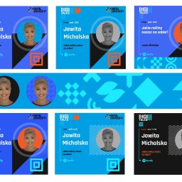 Natalia Faron - Seria grafik promujących podcast Digital Talks z wizerunkiem Jowity Michalskiej, pytaniem o rośliny i logo Spotify, utrzymane w kolorystyce niebiesko-czarno-pomarańczowej.