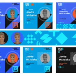 Seria grafik promujących podcast Digital Talks z wizerunkiem Jowity Michalskiej, pytaniem o rośliny i logo Spotify, utrzymane w kolorystyce niebiesko-czarno-pomarańczowej.