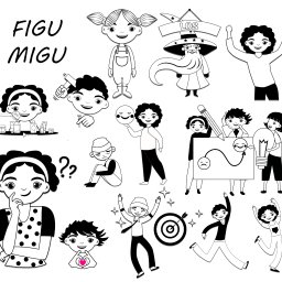 Natalia Faron - Czarno-biała ilustracja przedstawiająca różne postacie i scenki, w tym dziewczynkę z kosmetykami, chłopca z młotkiem i gwoździem, grupę osób pracujących nad projektem z happy endem, postać...