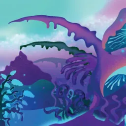 Ilustracja fantastycznego krajobrazu z bioluminescencyjnymi grzybami w odcieniach fioletu, turkusu i zieleni, przypominająca senny las z elementami abstrakcyjnymi i kosmicznymi.