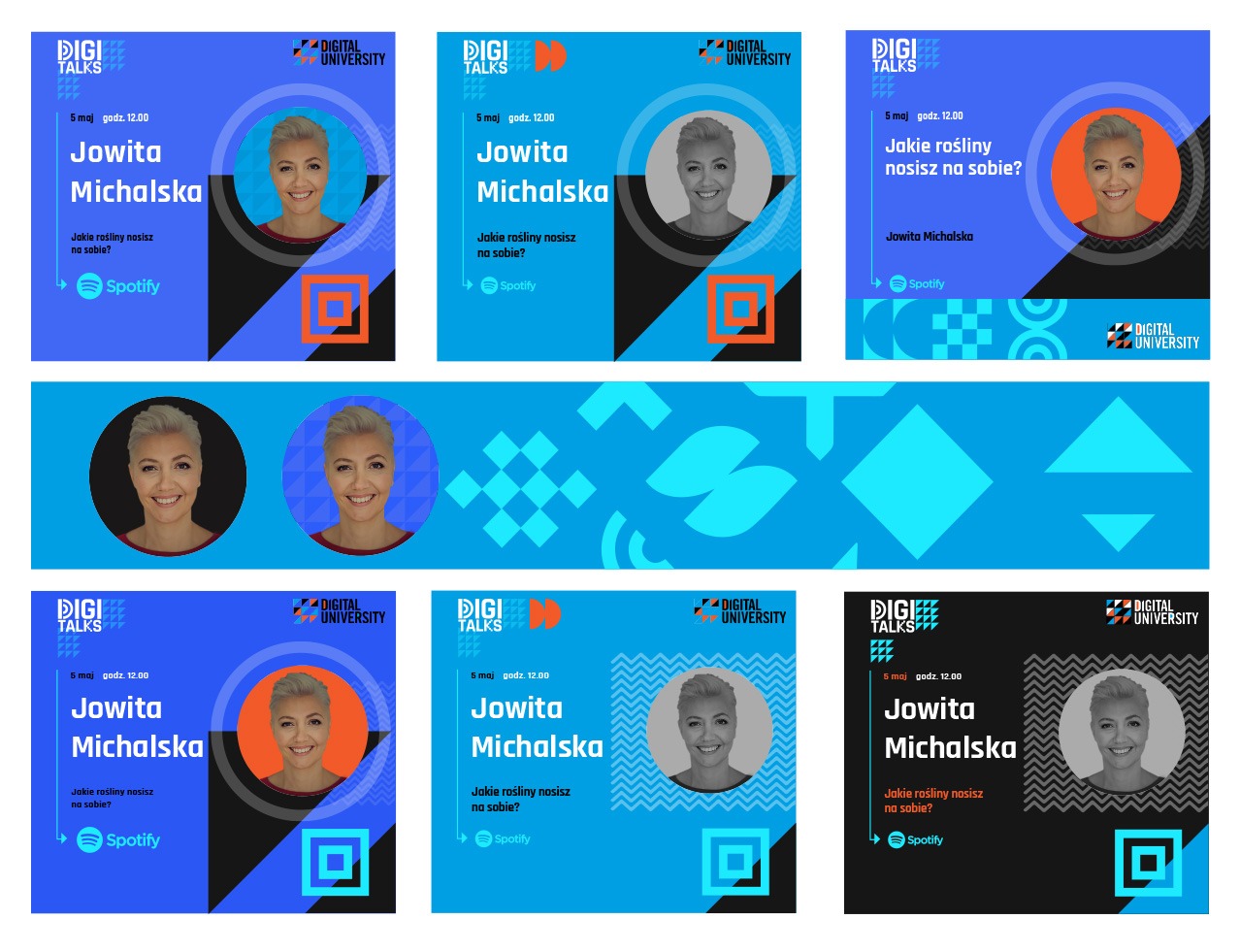 Seria grafik promujących podcast Digital Talks z wizerunkiem Jowity Michalskiej, pytaniem o rośliny i logo Spotify, utrzymane w kolorystyce niebiesko-czarno-pomarańczowej.