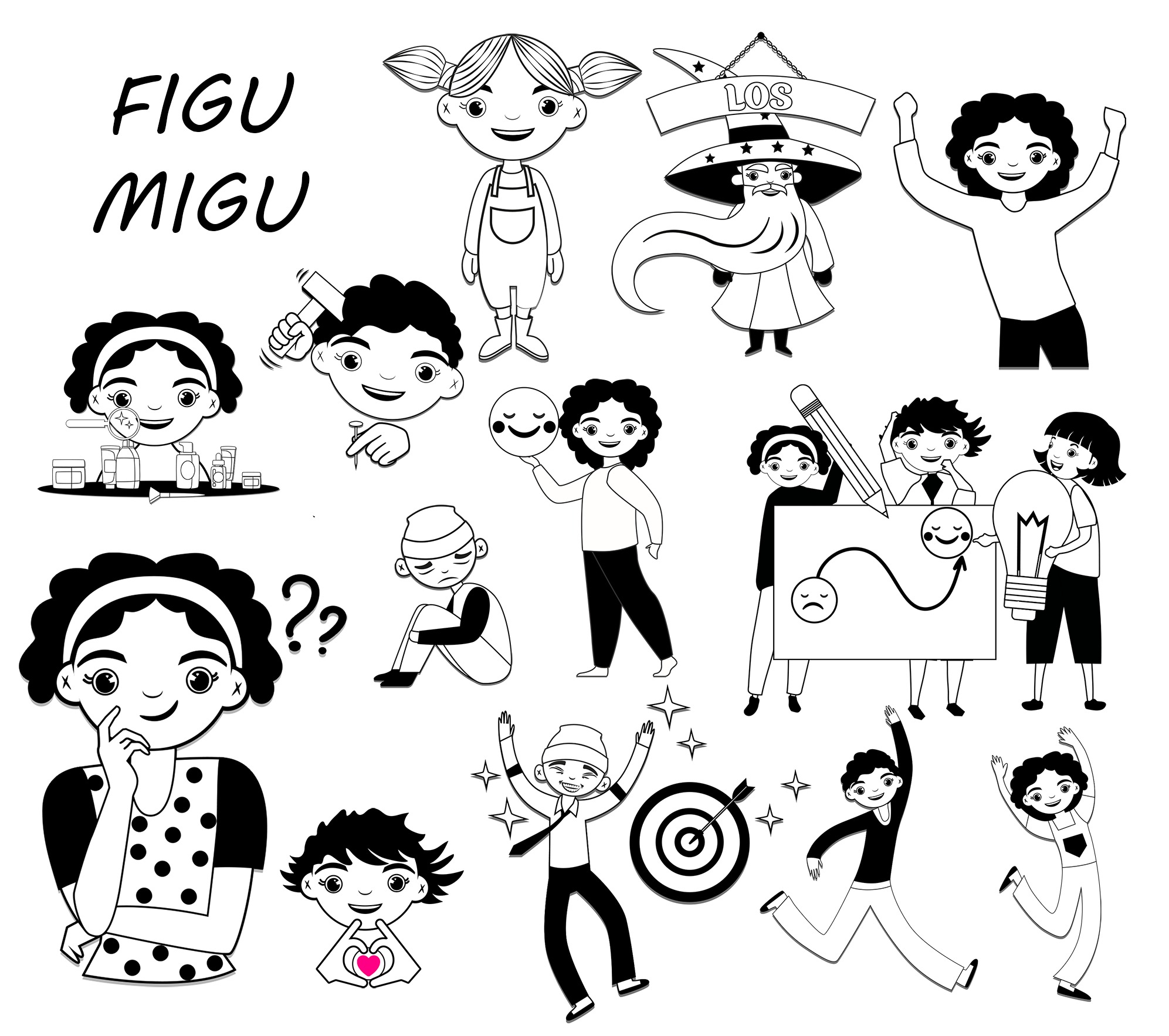 Czarno-biała ilustracja przedstawiająca różne postacie i scenki, w tym dziewczynkę z kosmetykami, chłopca z młotkiem i gwoździem, grupę osób pracujących nad projektem z happy endem, postać...