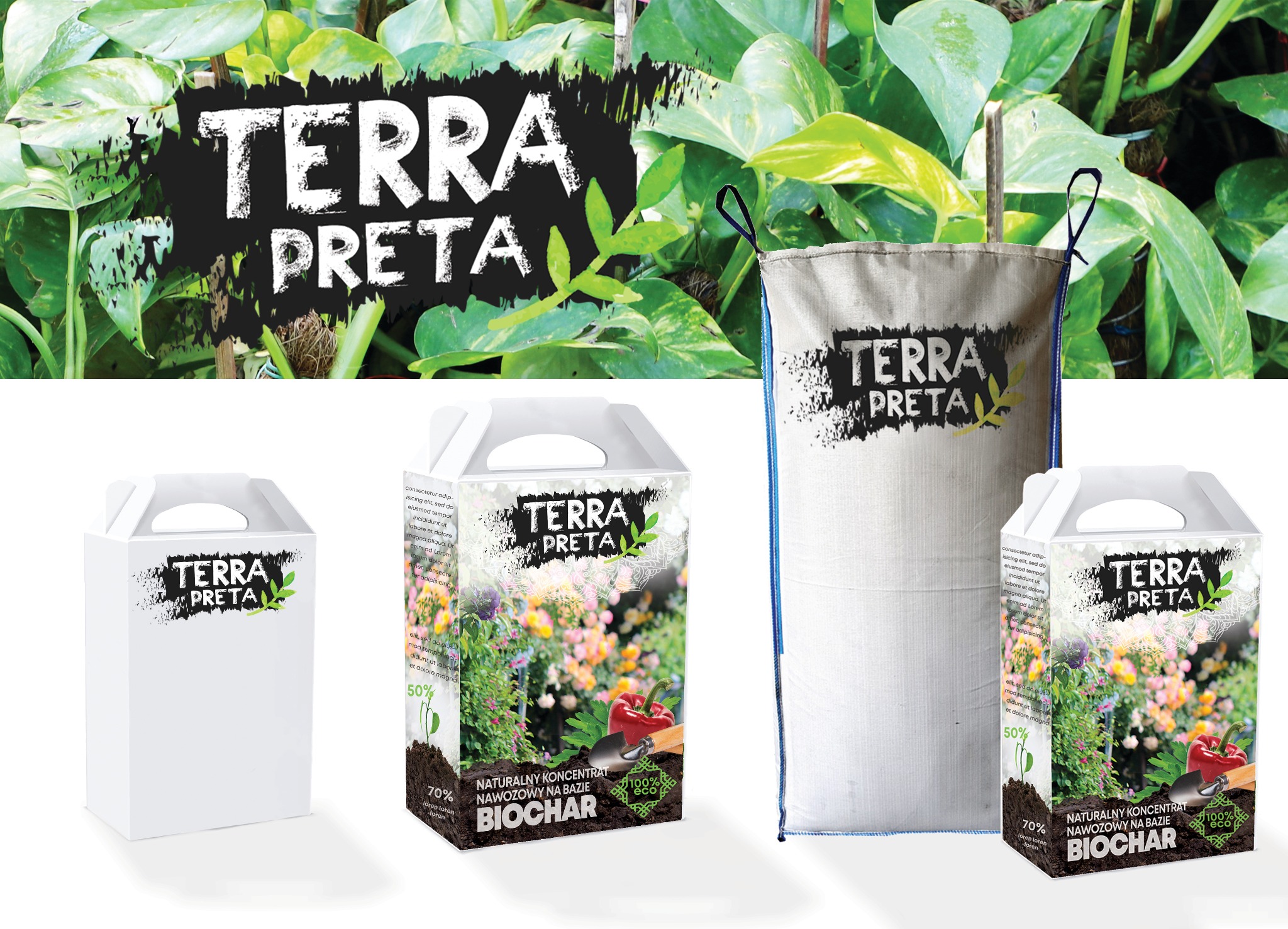 Makieta opakowań nawozu Terra Preta: kartonowe pudełka z grafiką kwiatów i warzyw oraz duży jutowy worek z logo na tle zielonych roślin.