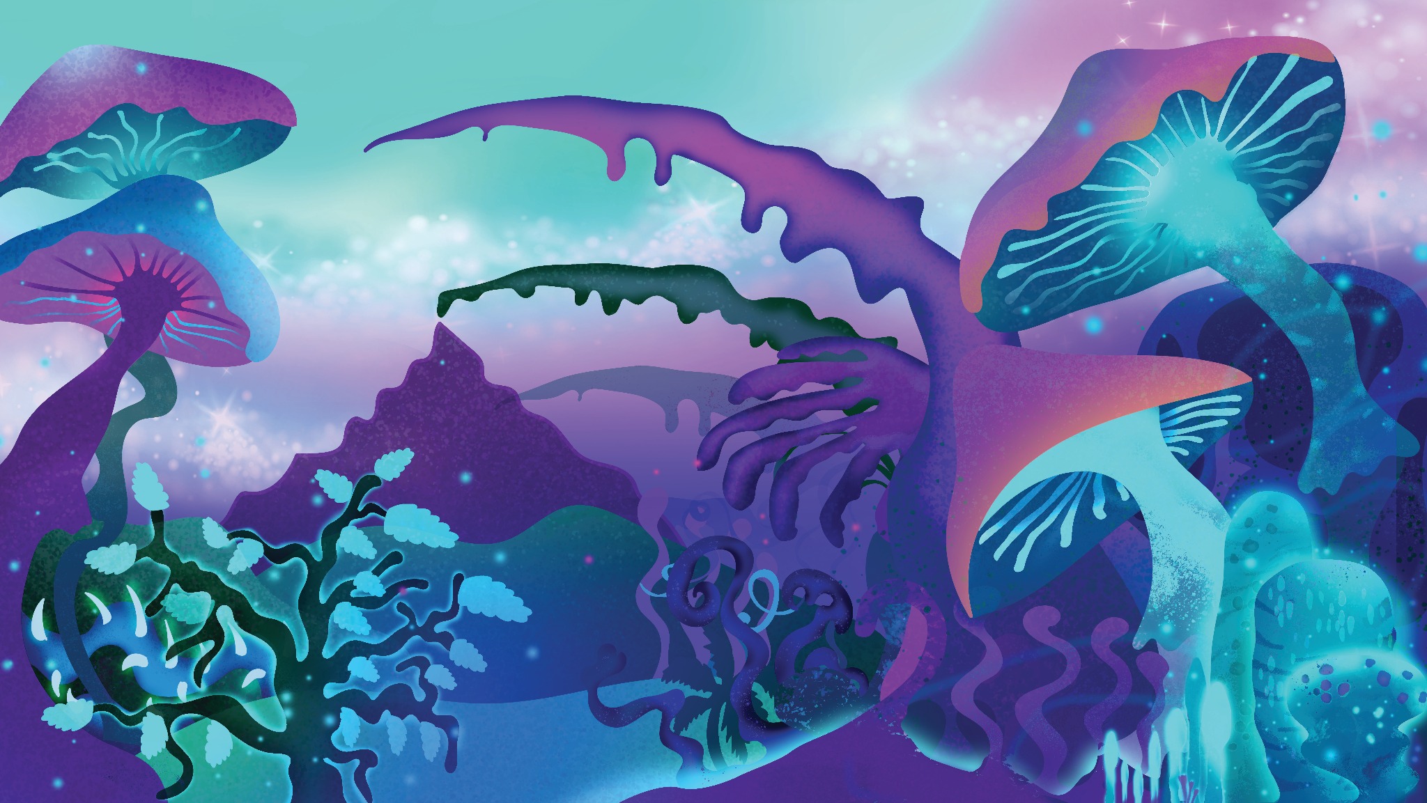 Ilustracja fantastycznego krajobrazu z bioluminescencyjnymi grzybami w odcieniach fioletu, turkusu i zieleni, przypominająca senny las z elementami abstrakcyjnymi i kosmicznymi.