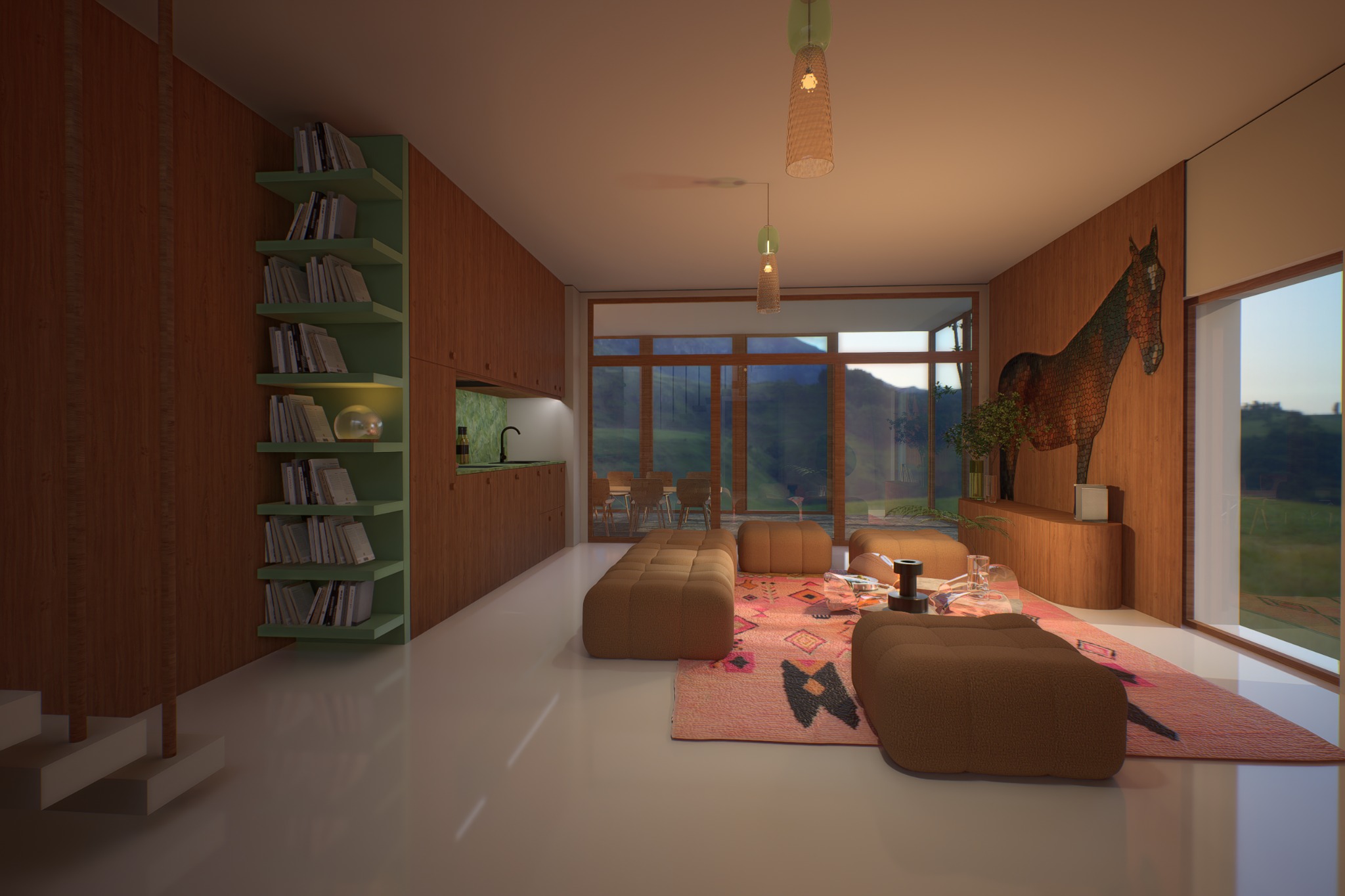 Wizualizacja wnętrza domu z drewnianymi ścianami, zielonym regałem z książkami, kuchnią w tle i dużym oknem z widokiem na zewnątrz, z obrazem konia na ścianie.