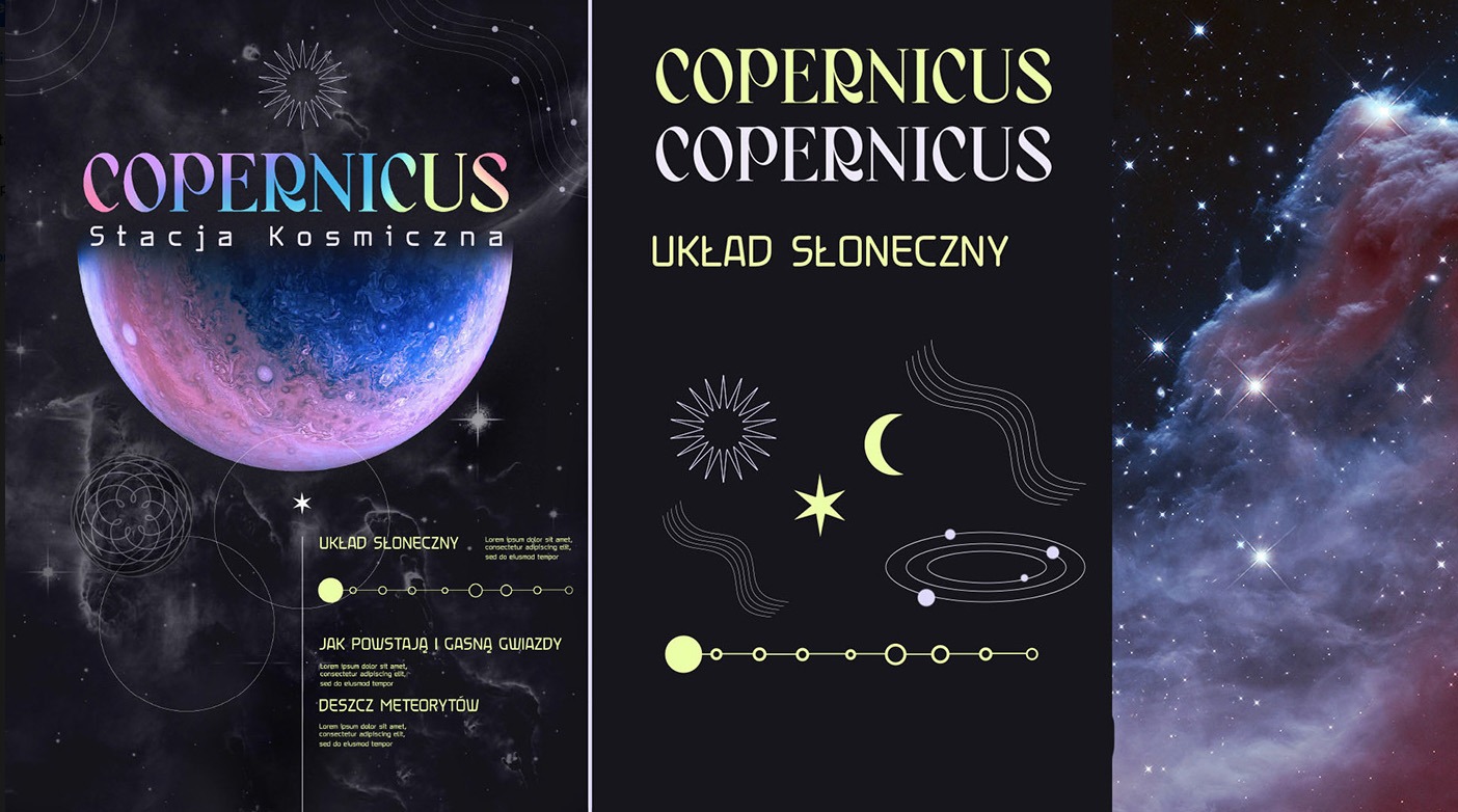 Plakat reklamowy wydarzenia o tematyce kosmicznej z grafiką planety, gwiazd i mgławicy, utrzymany w ciemnej kolorystyce z jasnymi napisami i elementami graficznymi.