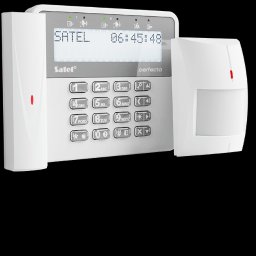 Alarm-system S.G. - Centrala alarmowa Satel Perfecta z manipulatorem i czujką ruchu, widoczne diody sygnalizacyjne i klawiatura numeryczna.