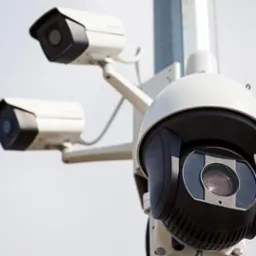 Zestaw kamer monitoringu na słupie, różne typy, w tym obrotowa, skierowane w różne strony, na tle jasnego nieba.