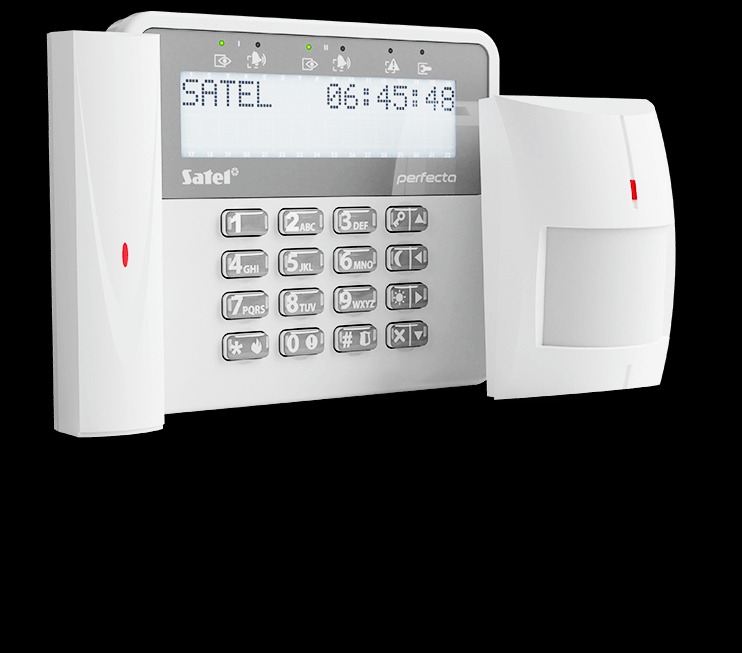 Centrala alarmowa Satel Perfecta z manipulatorem i czujką ruchu, widoczne diody sygnalizacyjne i klawiatura numeryczna.