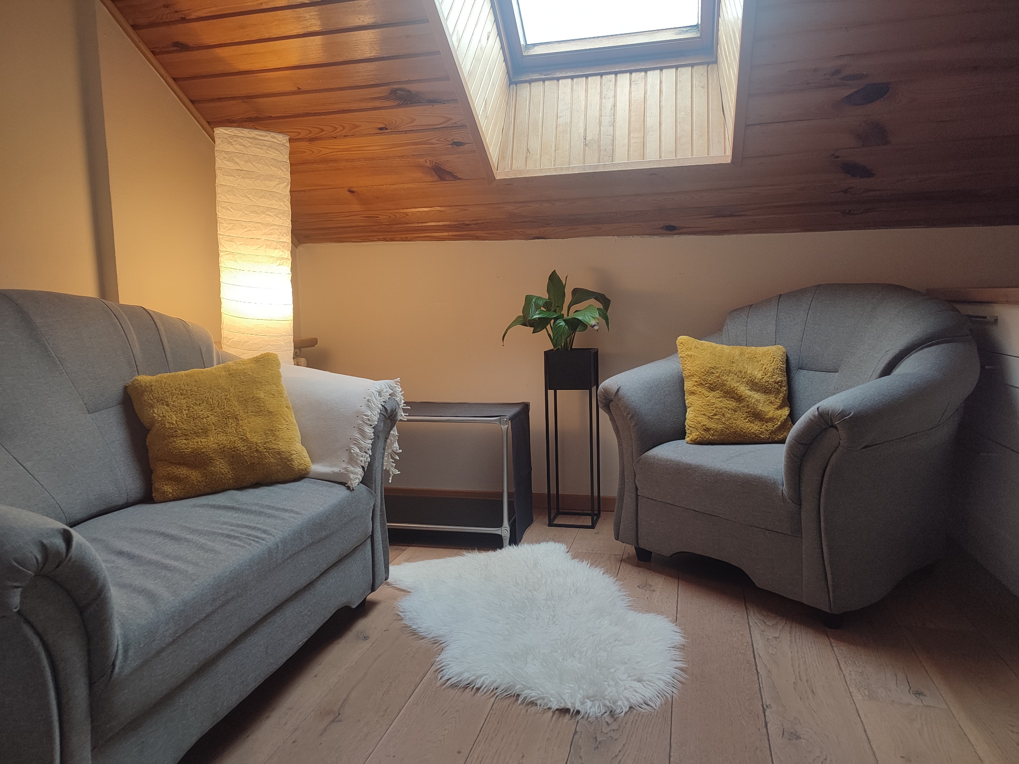 Gabinet terapeutyczny na poddaszu z drewnianym sufitem i oknem dachowym, szara sofa i fotel z żółtymi poduszkami, biały dywanik ze sztucznego futra.