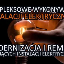 Grafika z dłonią trzymającą żar&oacute;wkę, napisy: kompleksowe wykonywanie instalacji elektrycznych, modernizacja i remont istniejących instalacji elektrycznych.